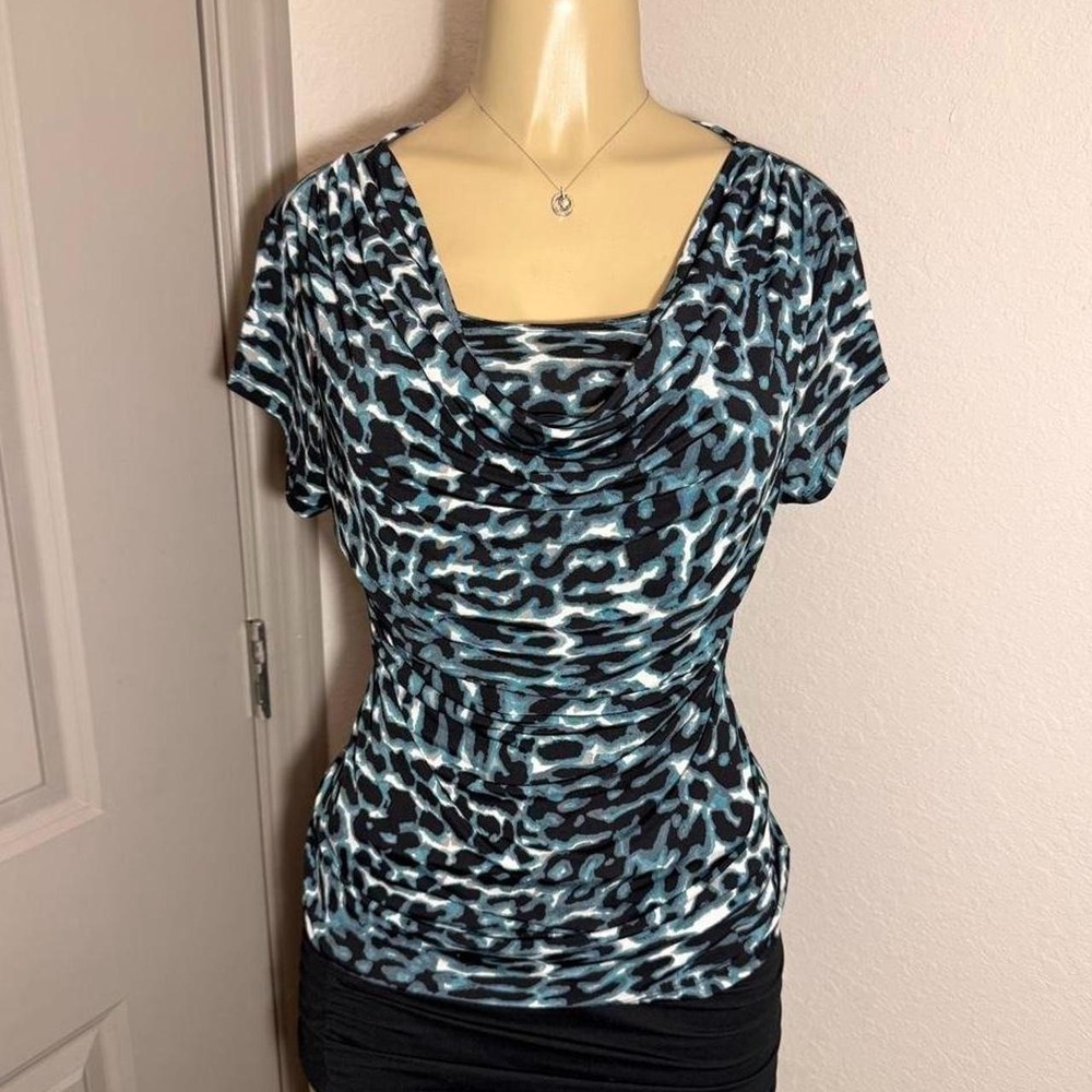 Y2K Studio Works blue and black leopard print cowl neck top